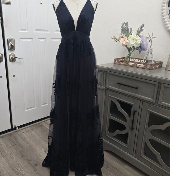 Women’s Navy Mesh Floral Burnout Cocktail Maxi Dress M Romantic Elegant Evening - Picture 13 of 13